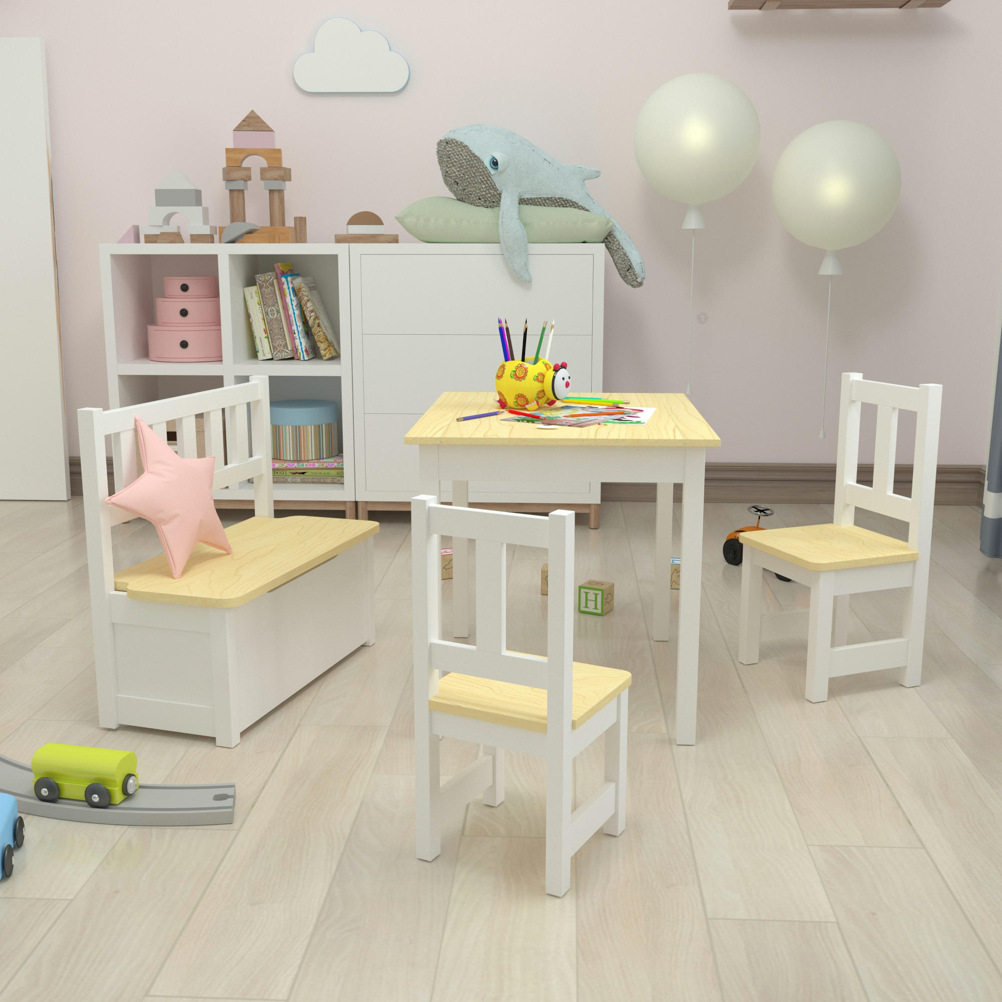 KINDERTISCHSET Lousame - Weiß, Holz (110/50/48cm) - [en.casa]