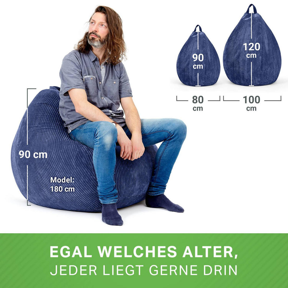 SITZSACK Indoor "Scoop" 90x110cm - Cord - Dunkelblau, Textil (90/110/90cm) - Green Bean