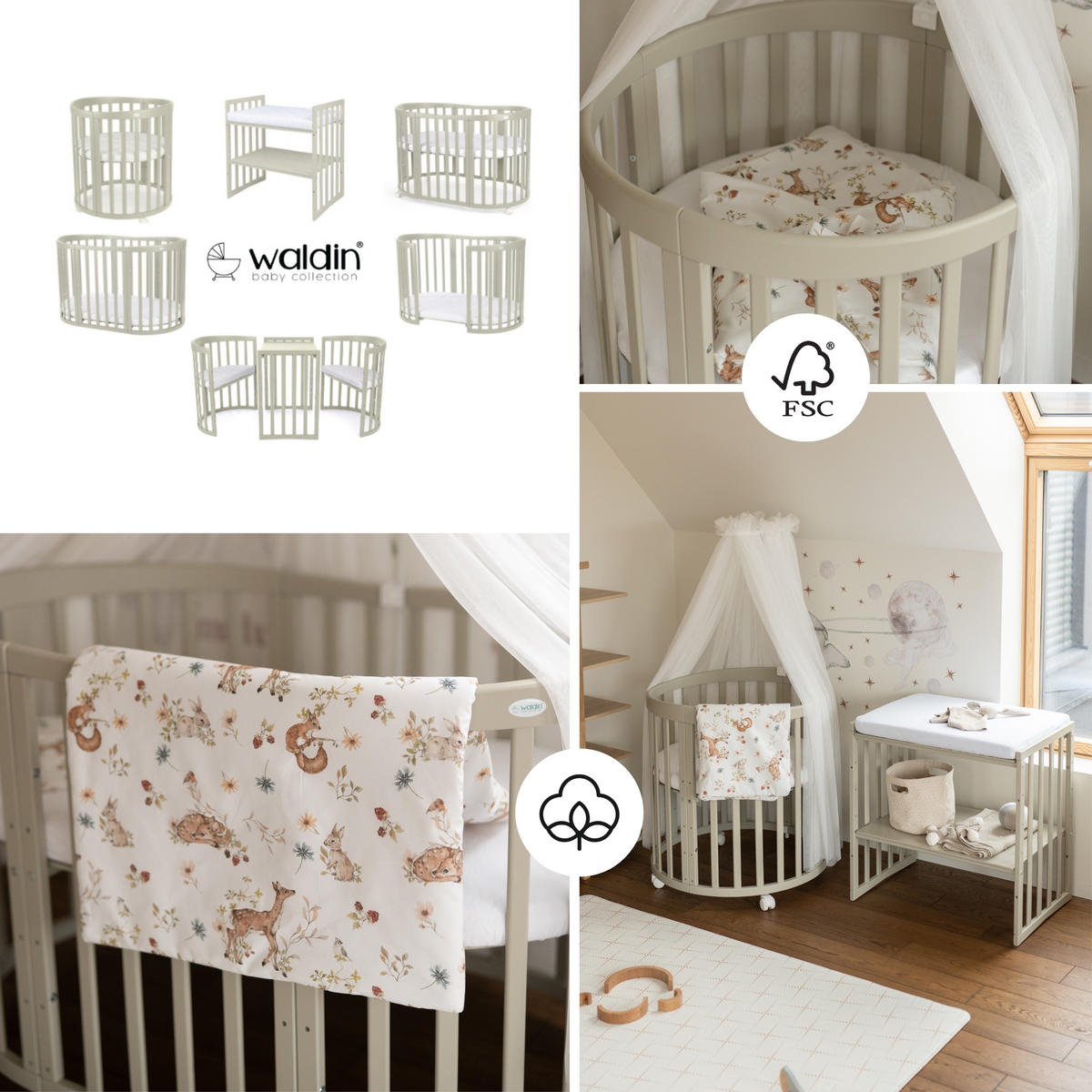 BABYBETT OLIVE OVAL 7in1 mit Matratze und Himmelset - Multicolor/Olivgrün, Holz/Textil