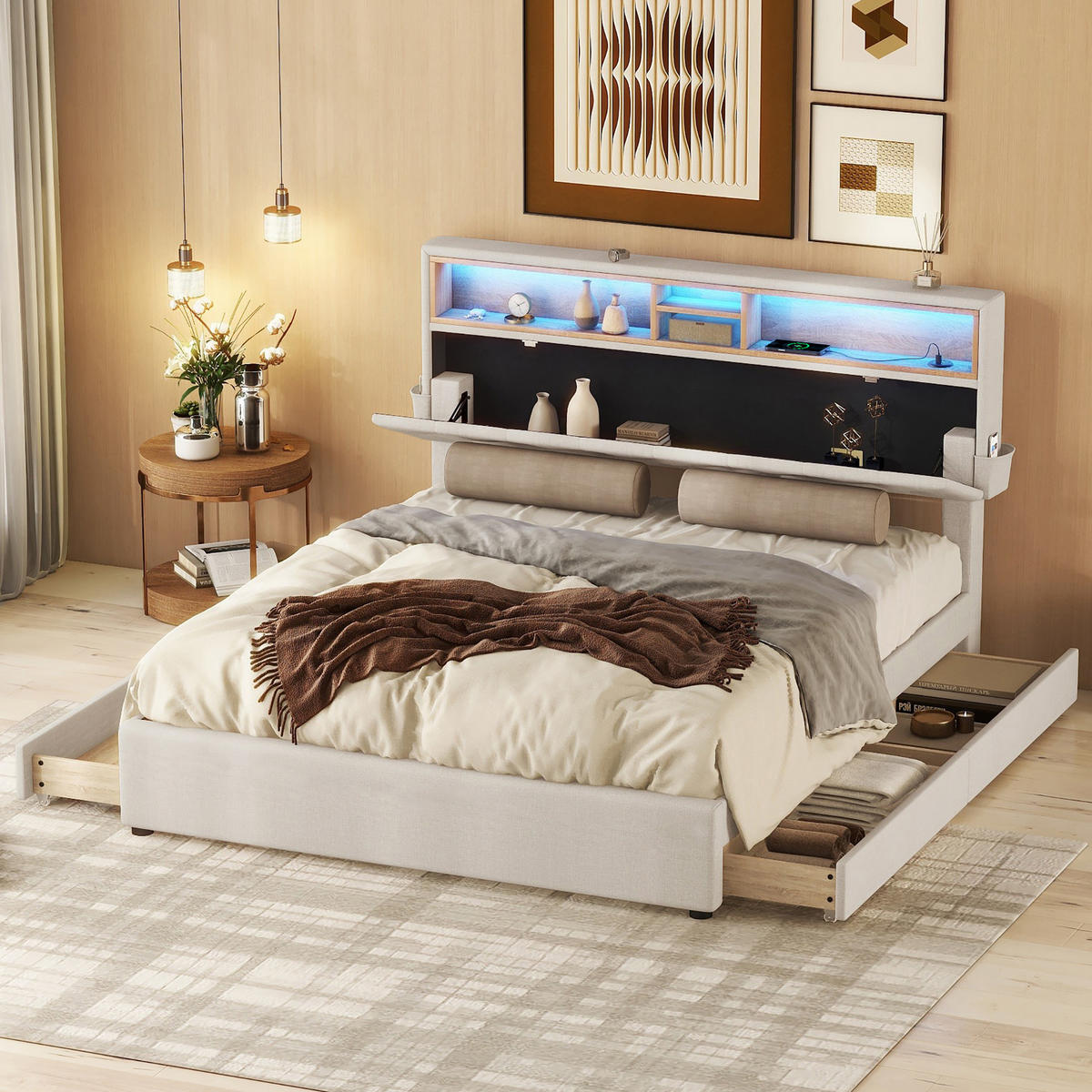 DOPPELBETT 140x200cm Beige Polsterbett LED USB 4 Schubladen Kopfteil - Beige, Holz (140/200cm) - FLIEKS