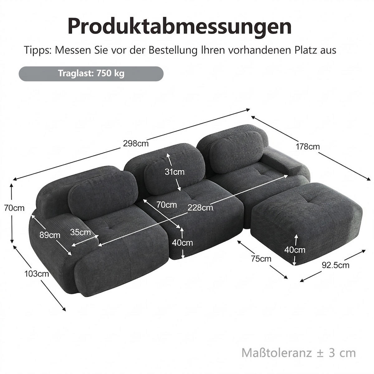 ECKSOFA 298/178/70 cm Grau Cord mit extra-breiten Armlehnen - Grau, Textil (298/178cm) - Oxeza