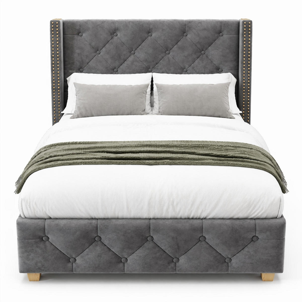 POLSTERBETT 90/200 cm in Grau Samt mit Knopfheftung und Nieten-Details - Grau, Holzwerkstoff/Textil (90/200cm) - CHICFURN