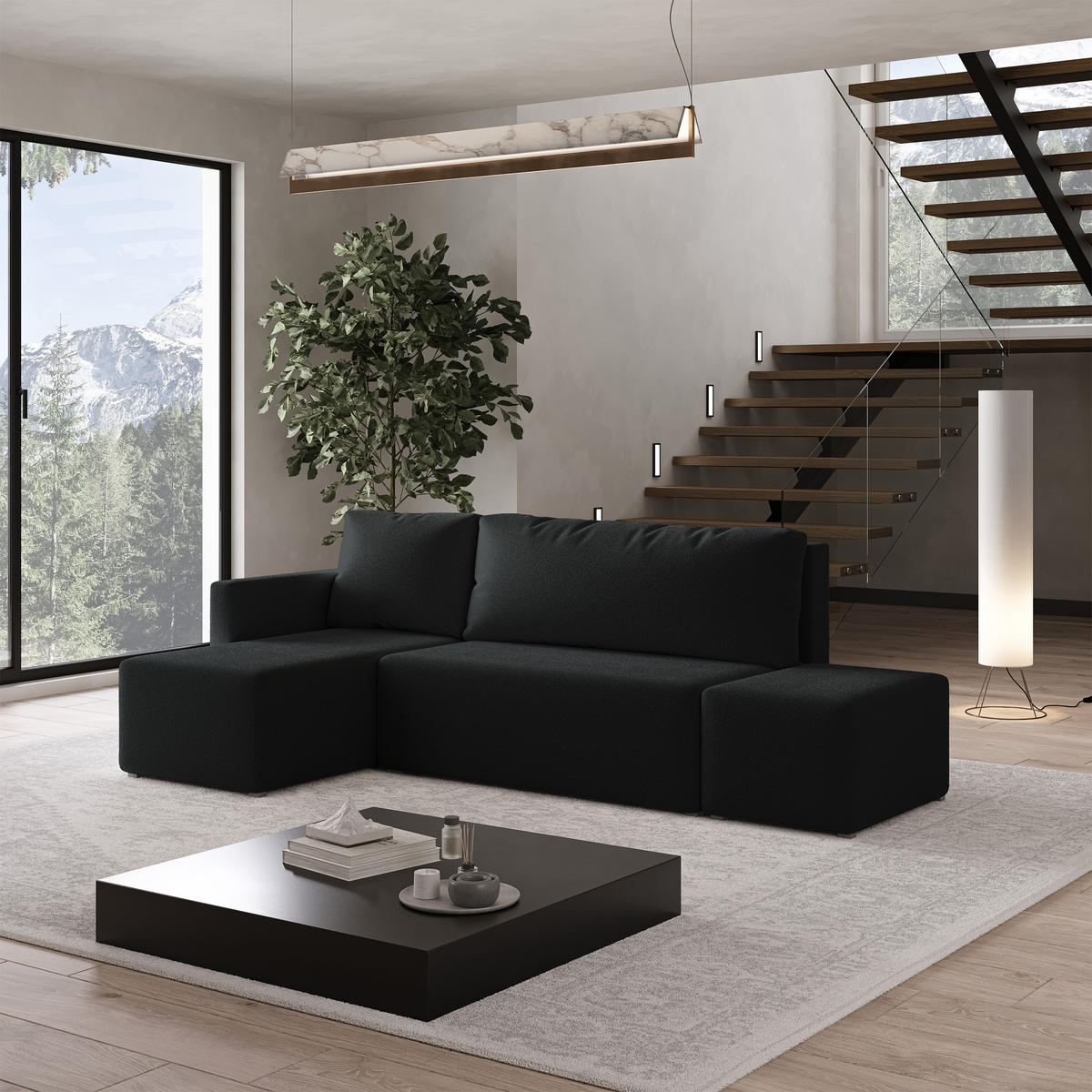 ECKSOFA VELOTTI L-S Schwarz Boucle-Stoff mit Schlaffunktion - Schwarz, Holz (261/143cm) - MASSENO