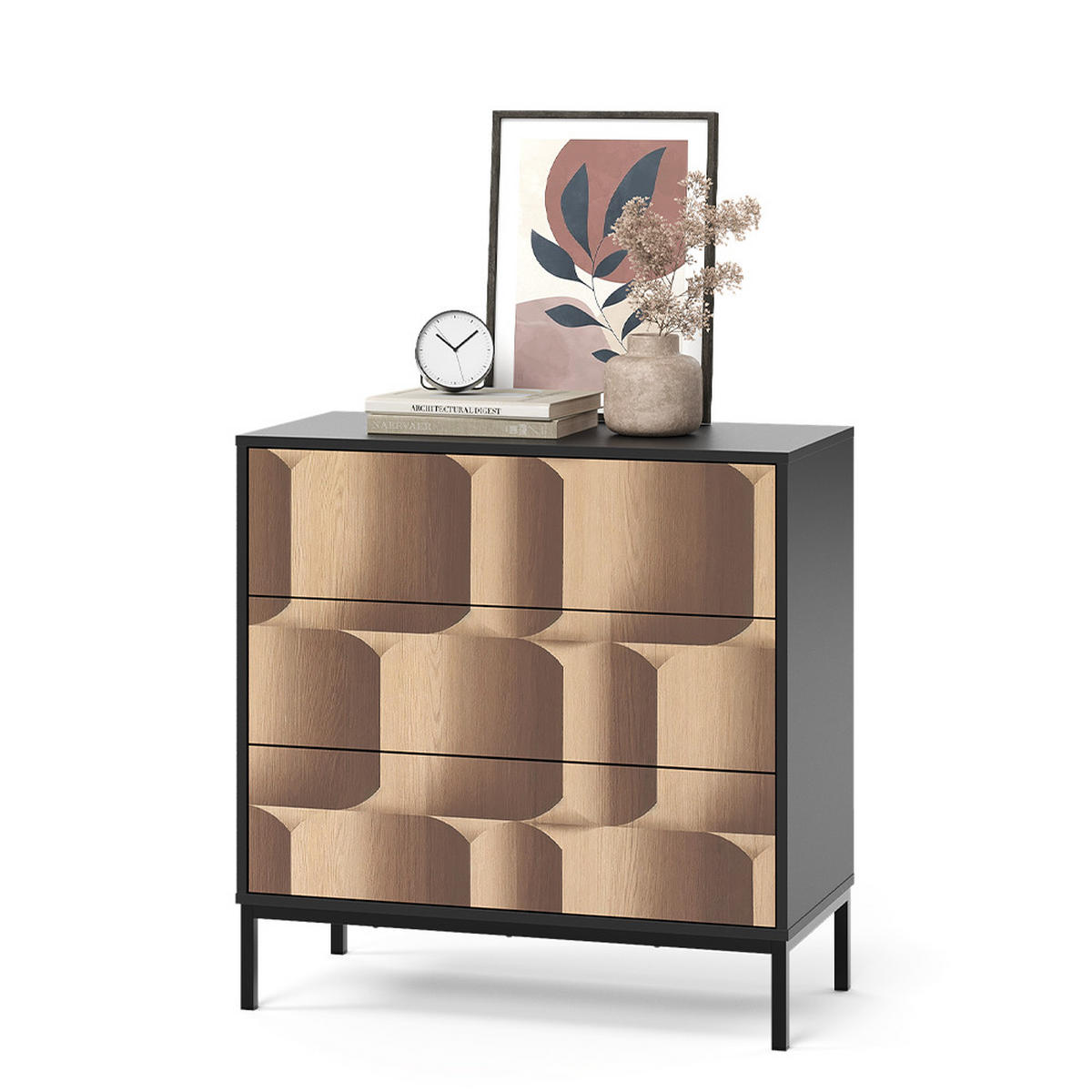 KOMMODE Eliza Schwarz/Eiche 80 x 81.2 cm mit 3 Schubladen - Eichefarben/Schwarz, Holzwerkstoff (80/81.2/40cm) - Vicco