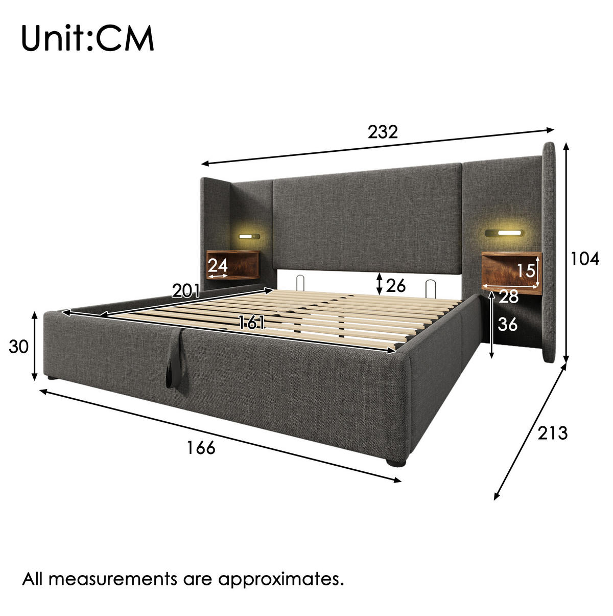 POLSTERBETT 160/200 cm Grau aus Leinen mit Stauraum - Grau, Textil (160/200cm) - OKMYHOME