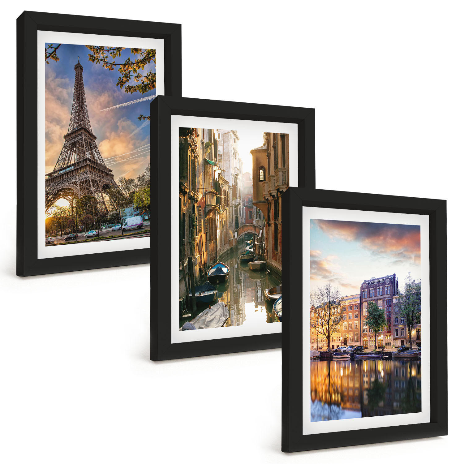 BILDER SET 3er Set - 20x30 cm Schwarzer Rahmen - Eiffelturm Venedig Amsterdamer Kanäle - Schwarz, Kunststoff (20/30cm) - TULUP