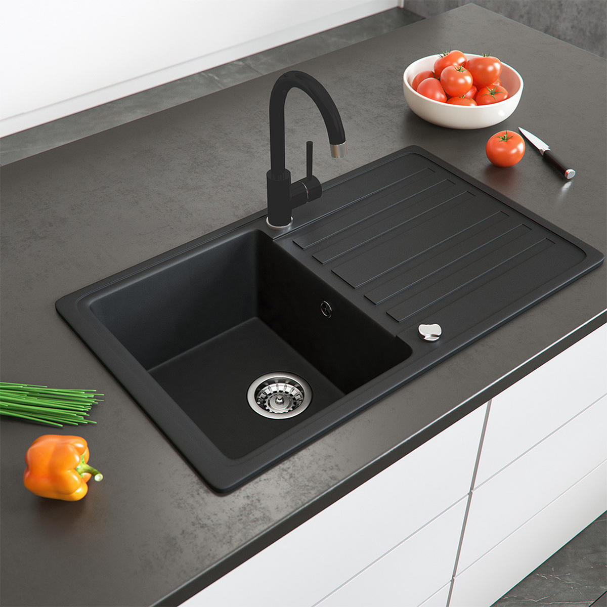 GRANITSPÜLE Schwarz 76.5 x 46 cm mit Armatur Schwarz - Schwarz, Keramik (76.5/19/46cm) - Bergstroem