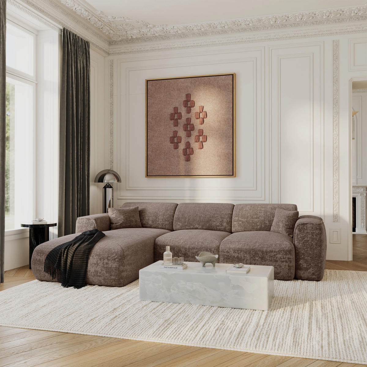 ECKSCHLAFSOFA Geprägter Samt Taupe 283cm - Taupe, Textil (283/180cm) - Sia Home