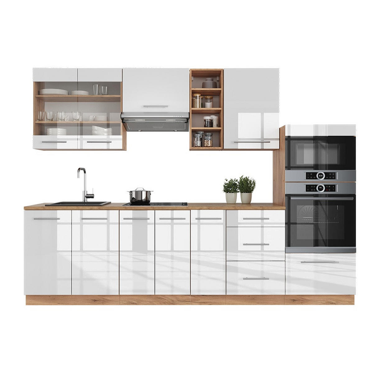 KUHINJA Fame-Line Bela barva visokega sijaja/zlata barva hrasta power 280 cm brez delovne plošče - bela/medeni hrast, leseni material (280/81.6/46cm) - Vicco