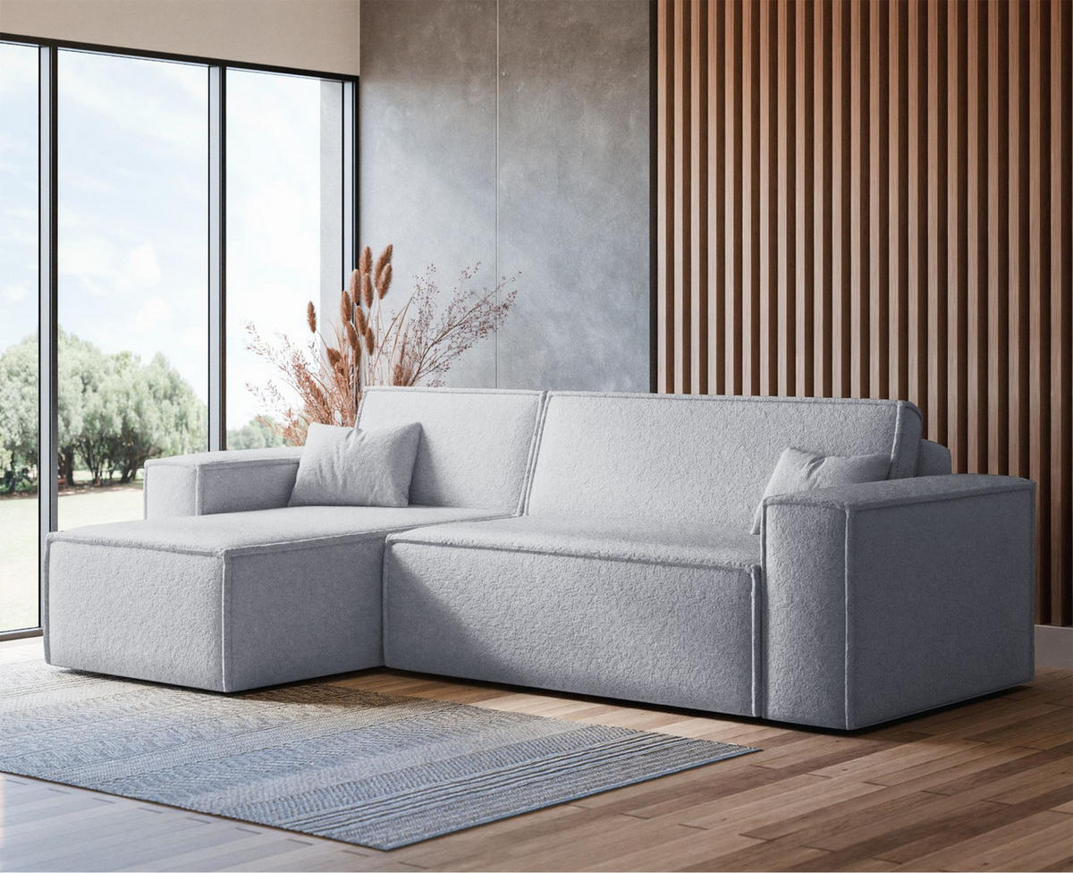 ECKSOFA Scarlo Hellgrau Bouclé-Bezug - Hellgrau/Schwarz, Kunststoff/Textil (244/145cm) - Selsey