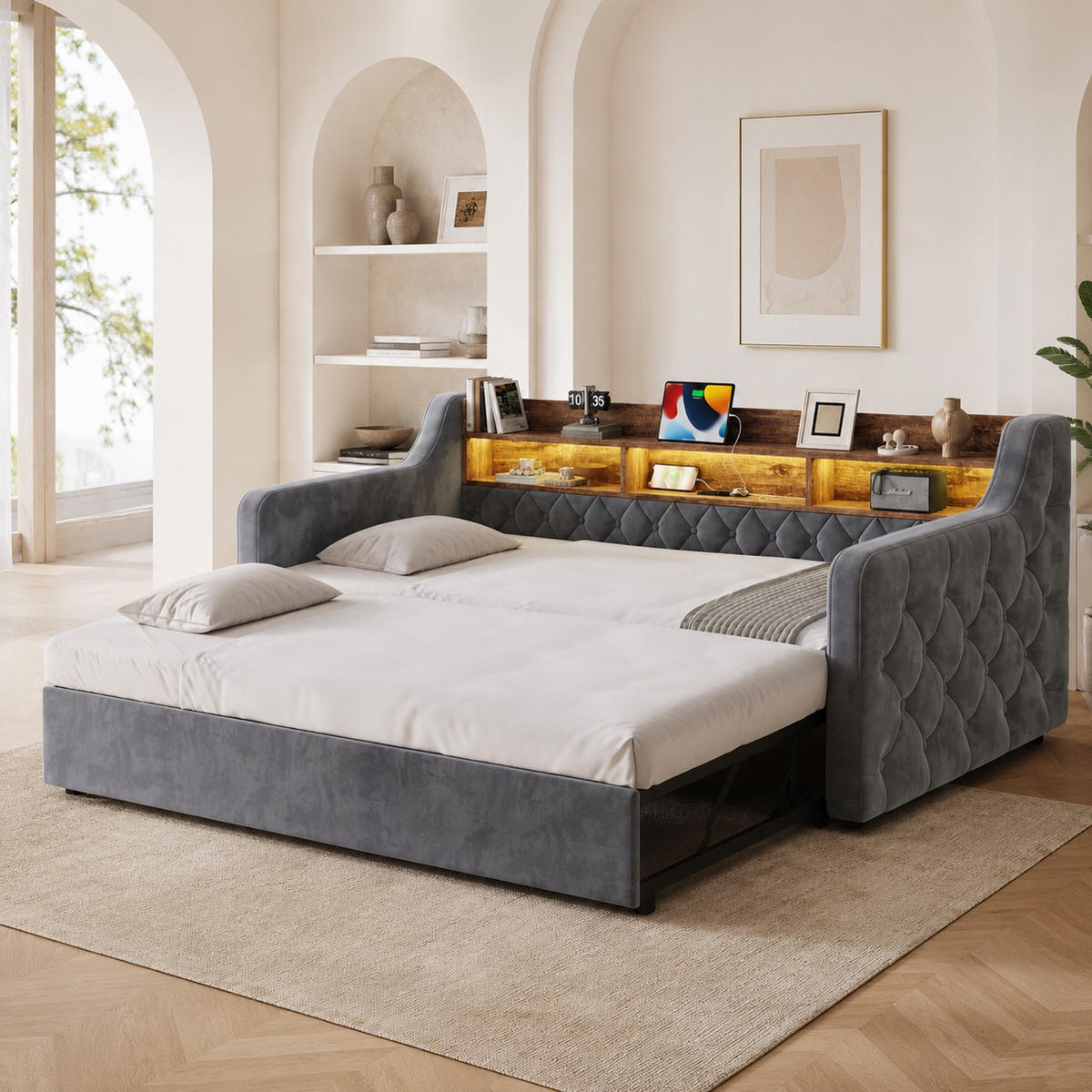 POLSTERBETT 90/190 mit Ausziehbett, Stauraum-Kopfteil mit Holzablage und LED, USB und Type-C in Dunkelgrau - Grau, Holzwerkstoff/Textil (90/190cm) - EVRYAE