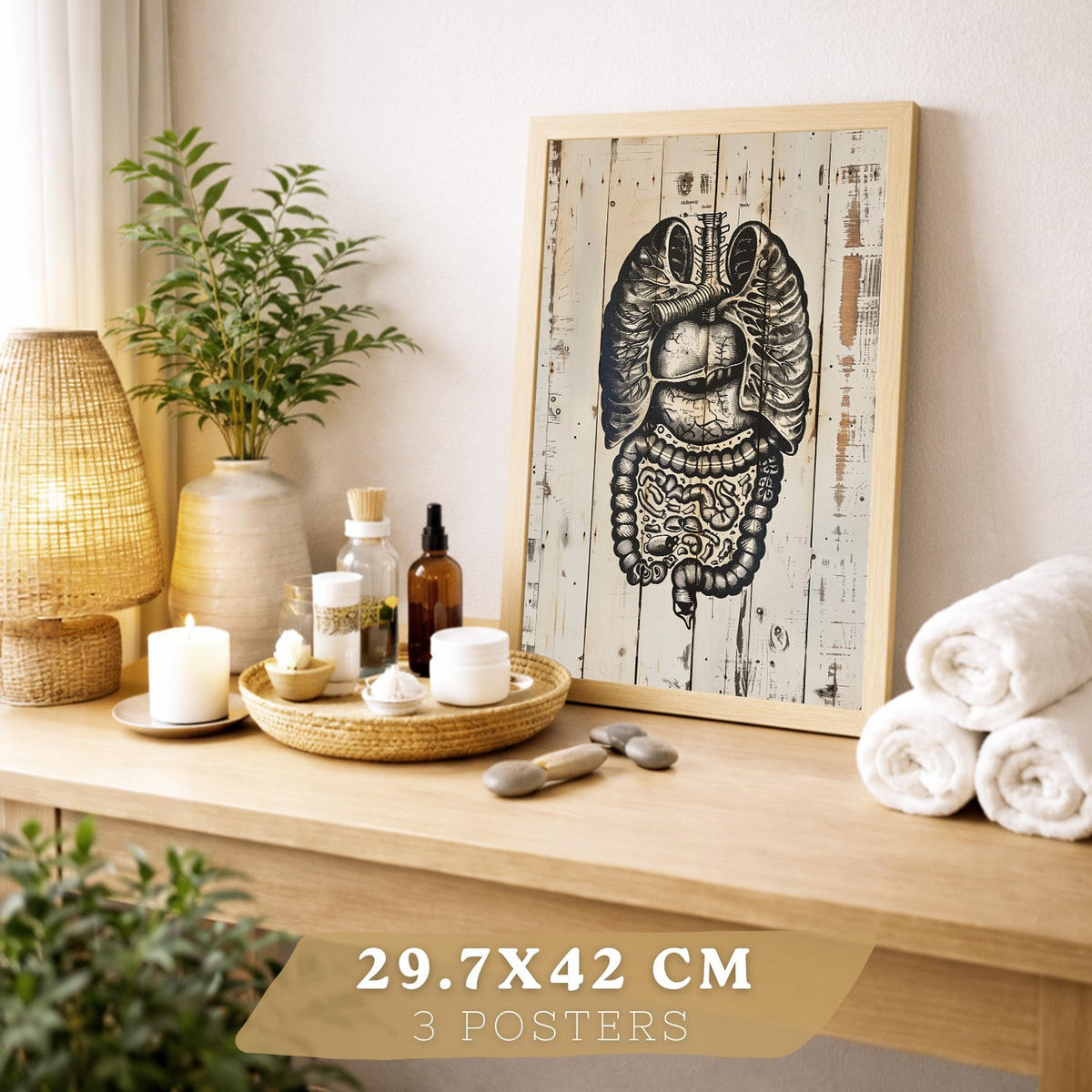 POSTER Set aus 3 Anatomie Mensch Drucke und Wandbilder mit Lungen Darm und Herz Rustikaler Stil Wanddekoration Größe Leichter Holzrahmen A3 - Beige, Papier (29.7/42/3cm) - Nacnic