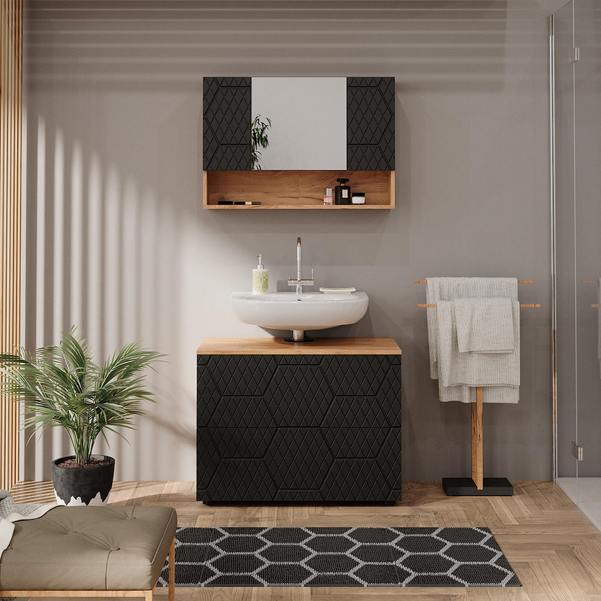 BADMÖBEL-SET Irma Anthrazit gestreift 2 Teile, Unterschrank 80 cm - Honigeiche/Anthrazit, Holzwerkstoff (80/58.6/41cm) - Vicco