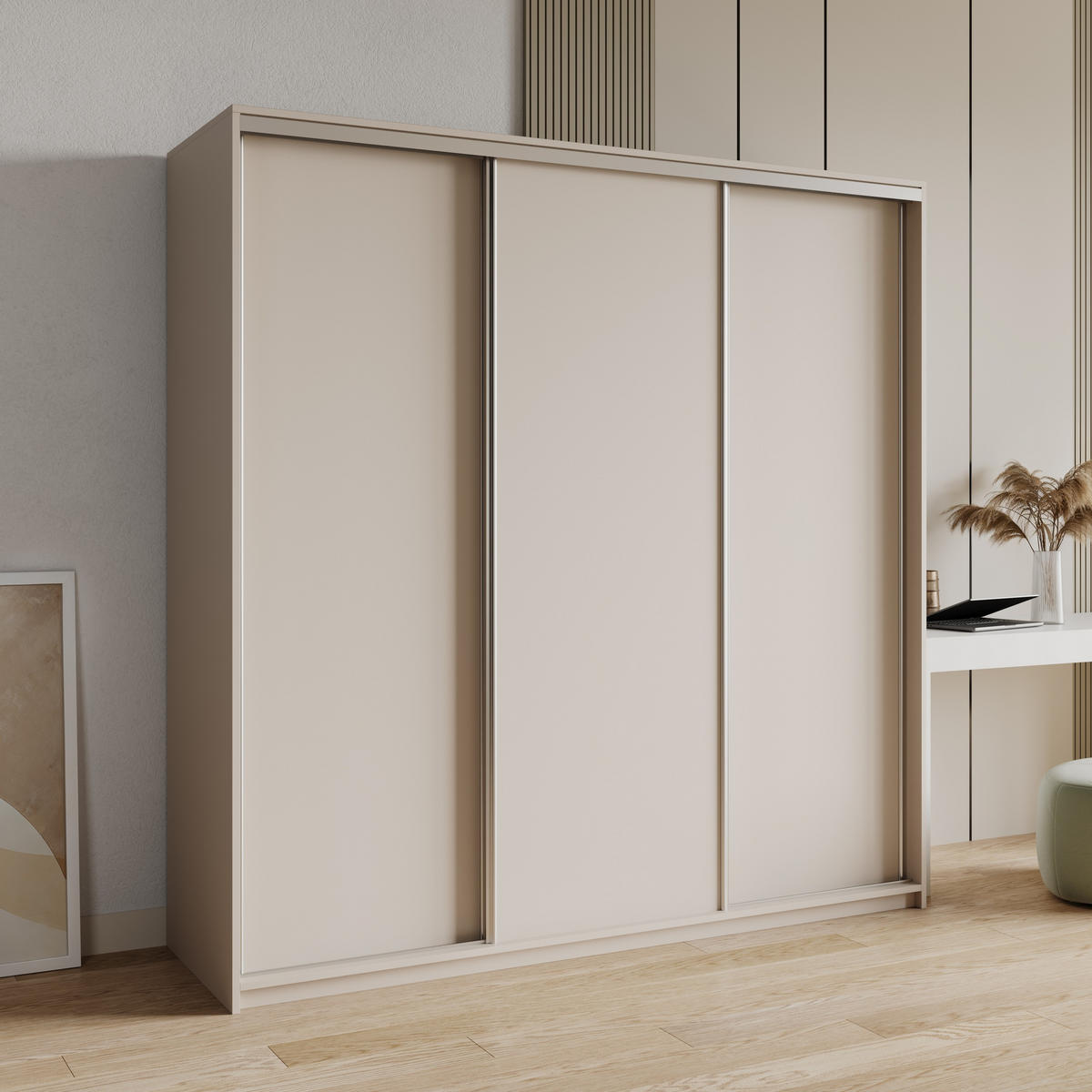 SCHWEBETÜRENSCHRANK NISSE 180/205/60 cm 3-türig mit Schubladen Kaschmir - Kaschmir/Nickelfarben, Holzwerkstoff (180/205/60cm) - MASSENO