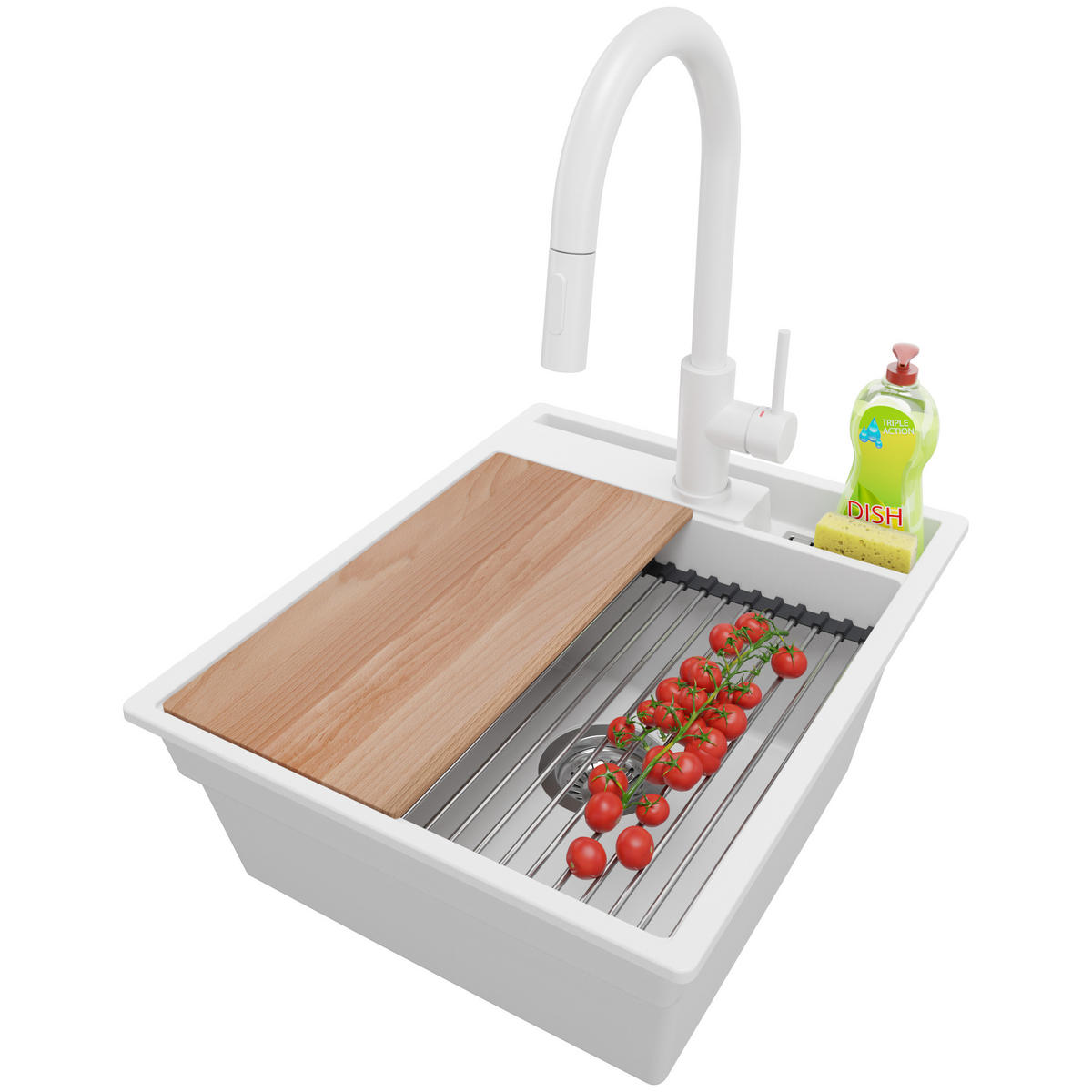 GRANITSPÜLE Oslo Pocket, 2-er set Weiß 43/53 cm 1 Becken + Küchenarmatur 40/20 cm + Ablauf-Set + Küchenzubehörset ab 45er Unterschrank - Chromfarben/Beige, Kunststoff (43/20/53cm) - Primagran