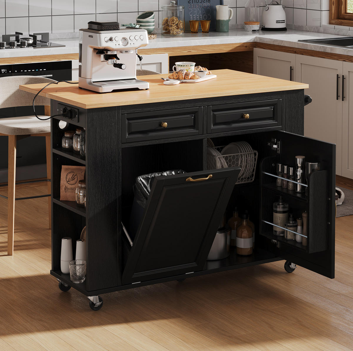KÜCHENINSEL mit Klappplatte 120 cm Schwarz/Natur MDF - Schwarz, Holz (70/92/120cm) - Beauniv