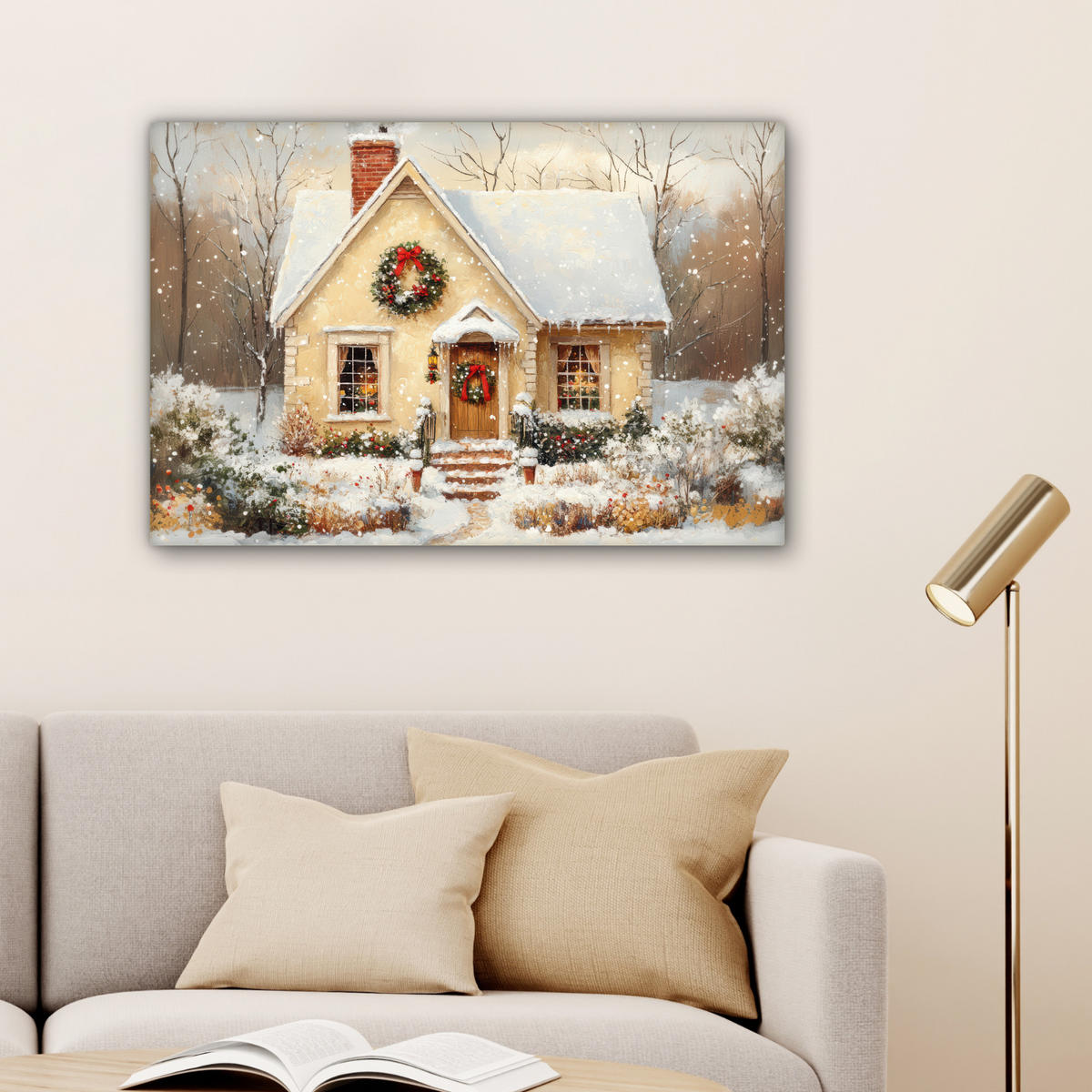LEINWANDBILD Weihnachten - Zuhause - Winter - Schnee Gemälde 60x40 cm - Creme, Textil (60/40cm) - MuchoWow