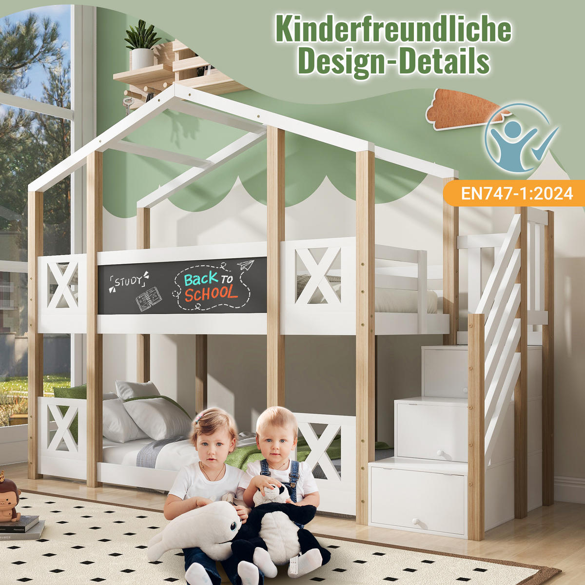 ETAGENBETT 90/200 cm mit Treppe, Stauraum, Tafel und Rausfallschutz, Weiß/Natur - Weiß, Holzwerkstoff - Redom