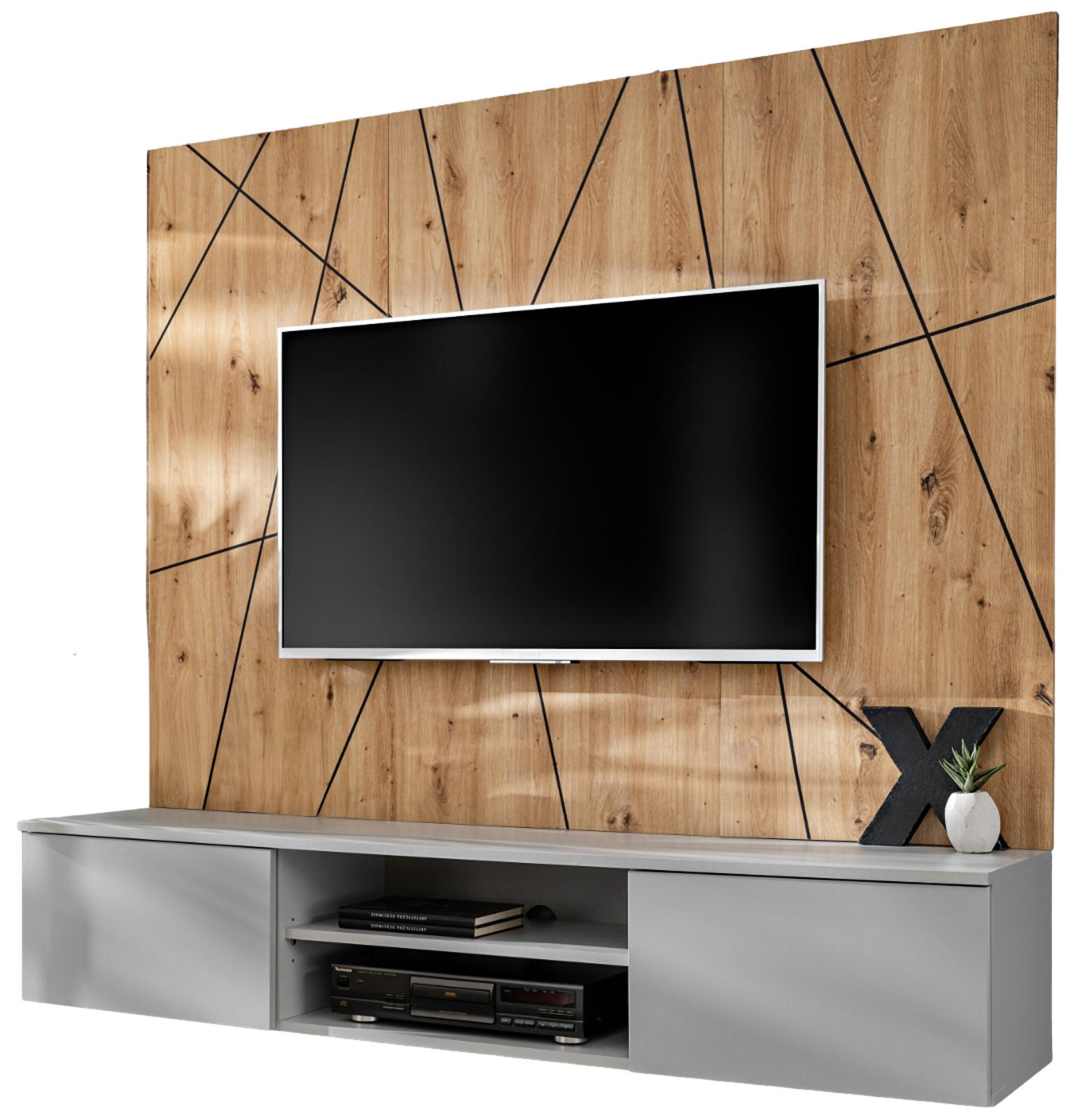 TV-LOWBOARD grau, Eiche Artisan 160, TV-Unterschrank hängend mit Akustikpaneel - Hellgrau/Eiche Artisan, Glas/Holzwerkstoff (160/148/35cm) - Inn.Furn