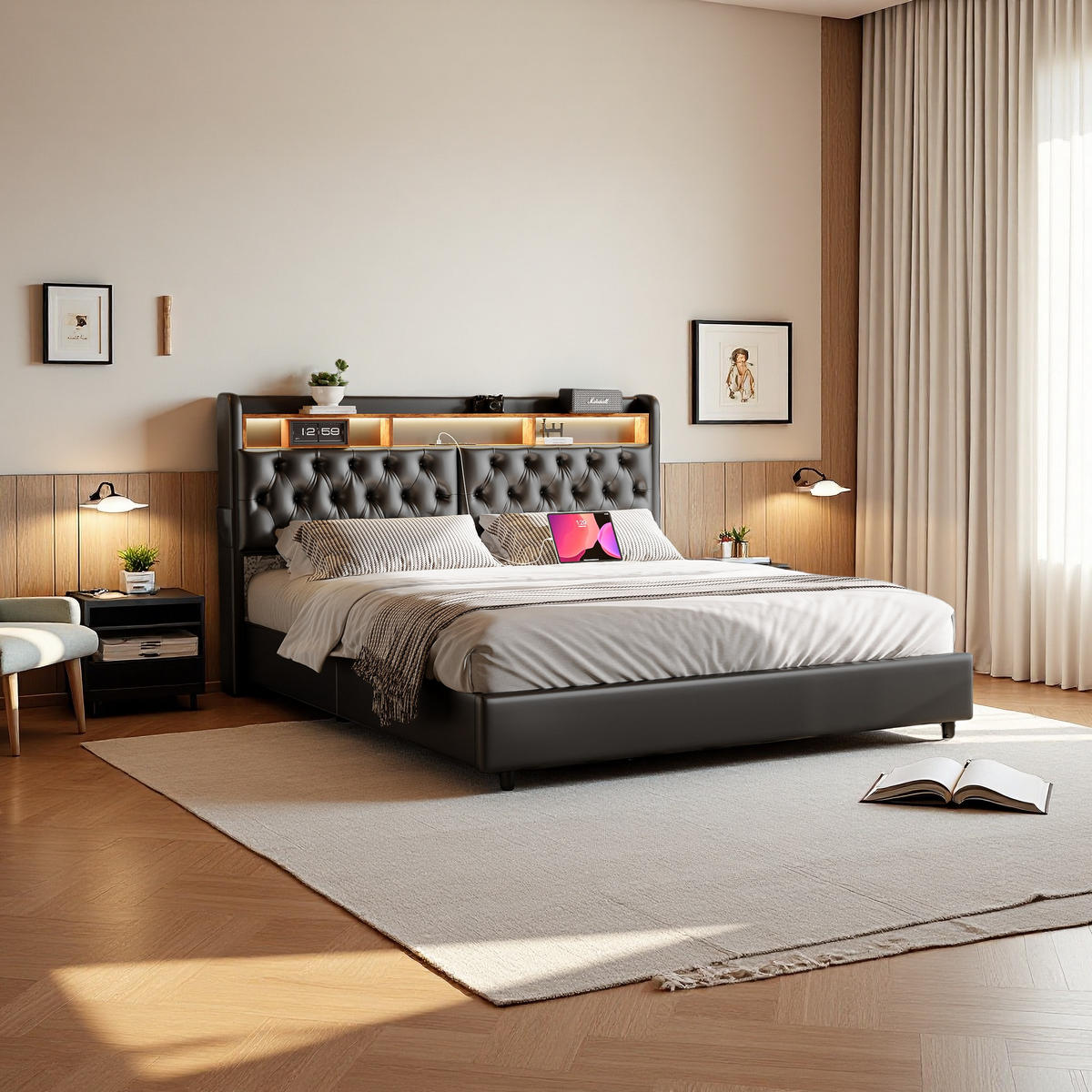 POLSTERBETT 180x200 cm LED USB Stauraum PU Leder schwarz - Schwarz, Holz (180/200cm) - LEBENLANG