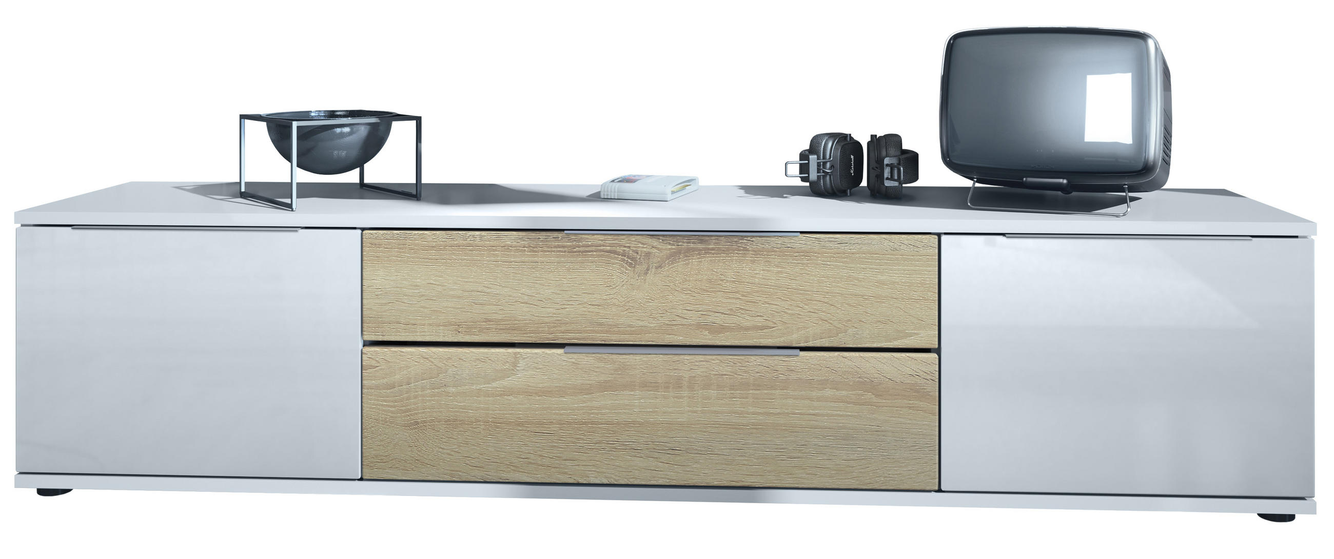 LOWBOARD Linio Eiche sägerau - Weiß Hochglanz/Sonoma Eiche, Holzwerkstoff (166.5/37.5/35cm) - Vladon