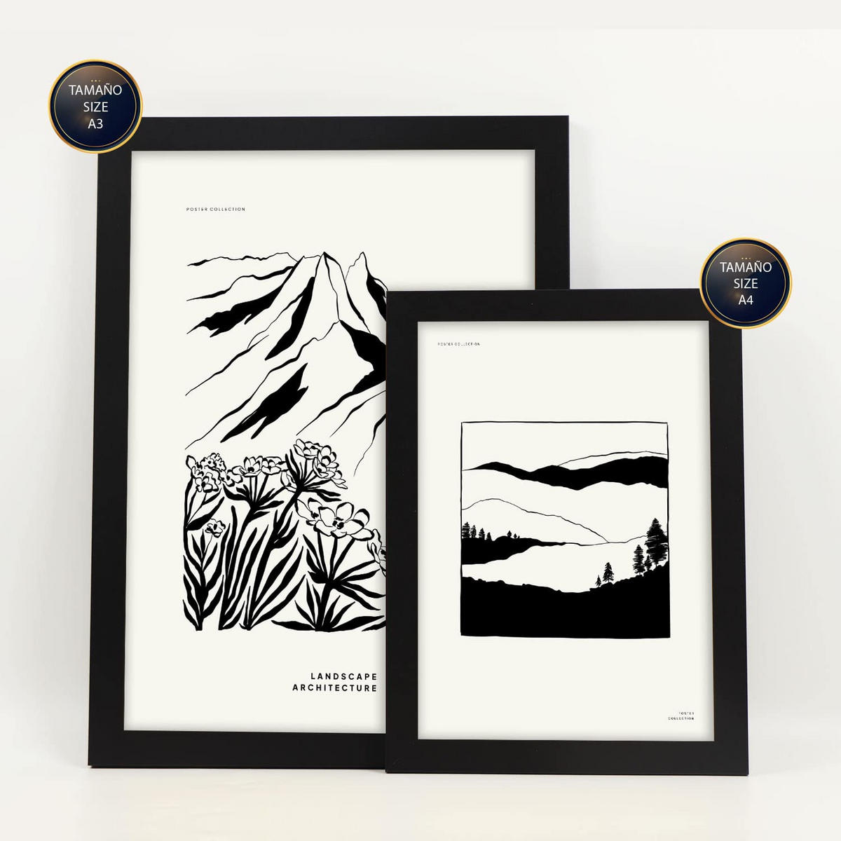 POSTER Set Mit 6 Schwarze Tintenecken Größe A3 & A4 Schwarzer Rahmen - Schwarz, Papier (29.7/1cm) - Nacnic