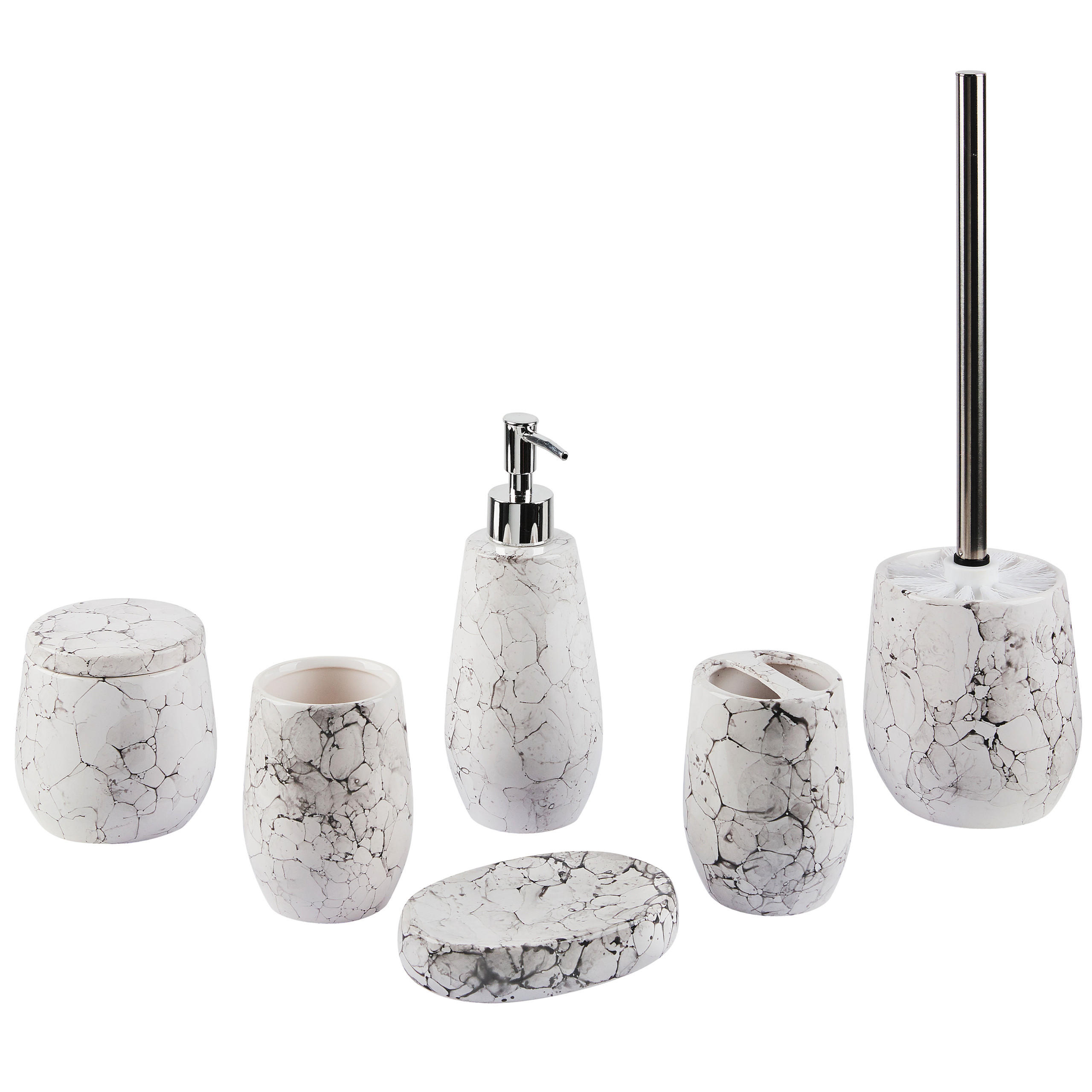 BADEZIMMER Set 6-teilig Keramik cremeweiß Callela - Schwarz/Weiß, Stein (9/21/9cm) - Beliani