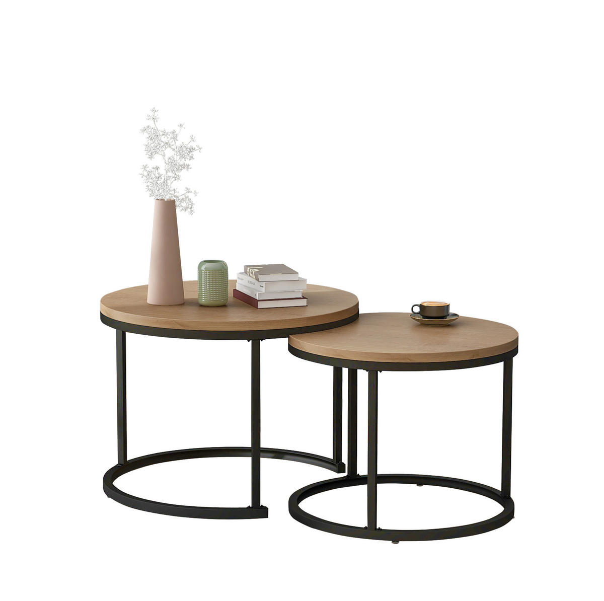 COUCHTISCH 2er-Set 70,5/50 und 44/45,5 cm in Eichefarben mit Metallgestell - Naturfarben, Holzwerkstoff (70.5/70.5/50cm) - Flora Grace
