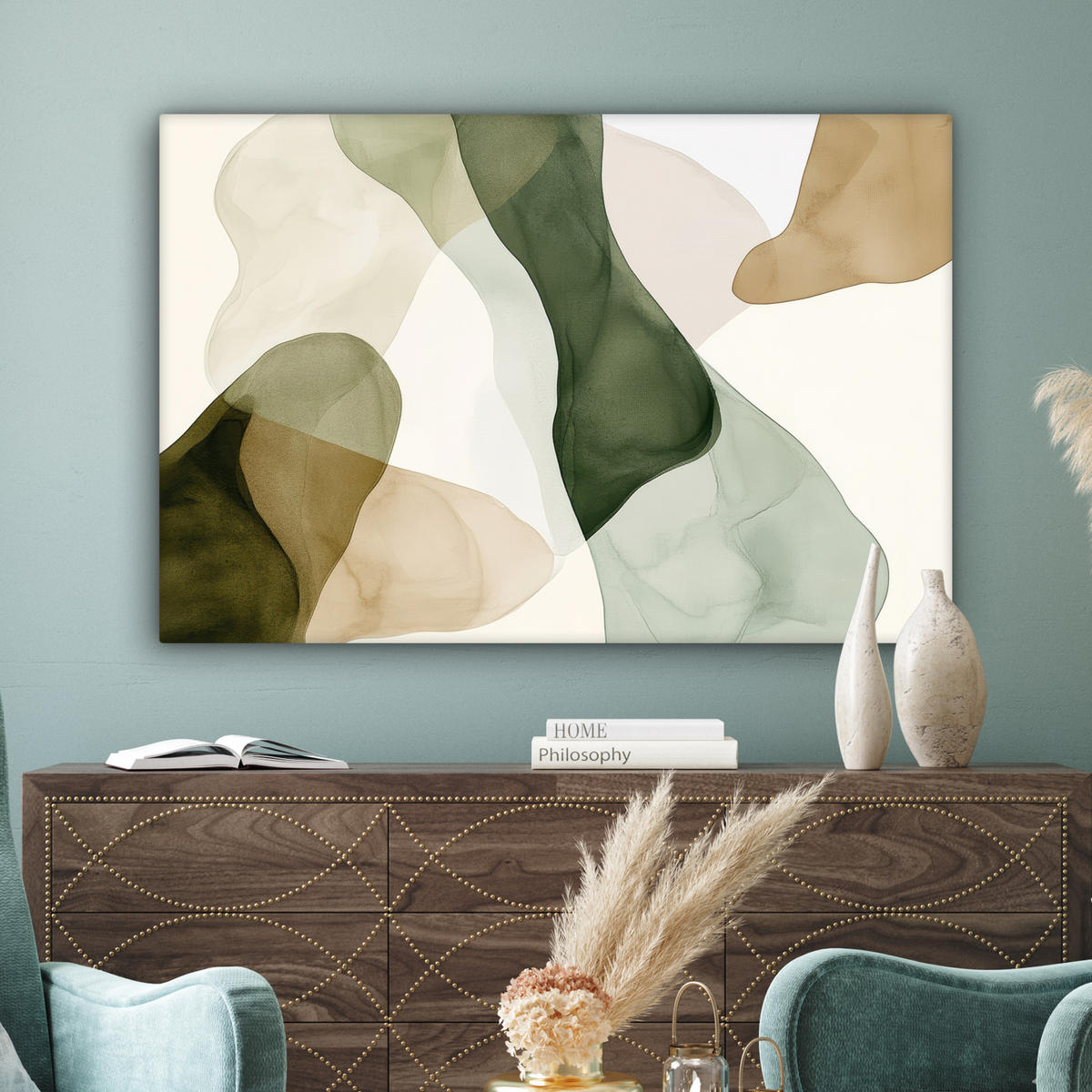 LEINWANDBILD Japandi - Abstrakt - Grün Groß 140x90 cm - Salbeigrün, Textil (140/90cm) - MuchoWow