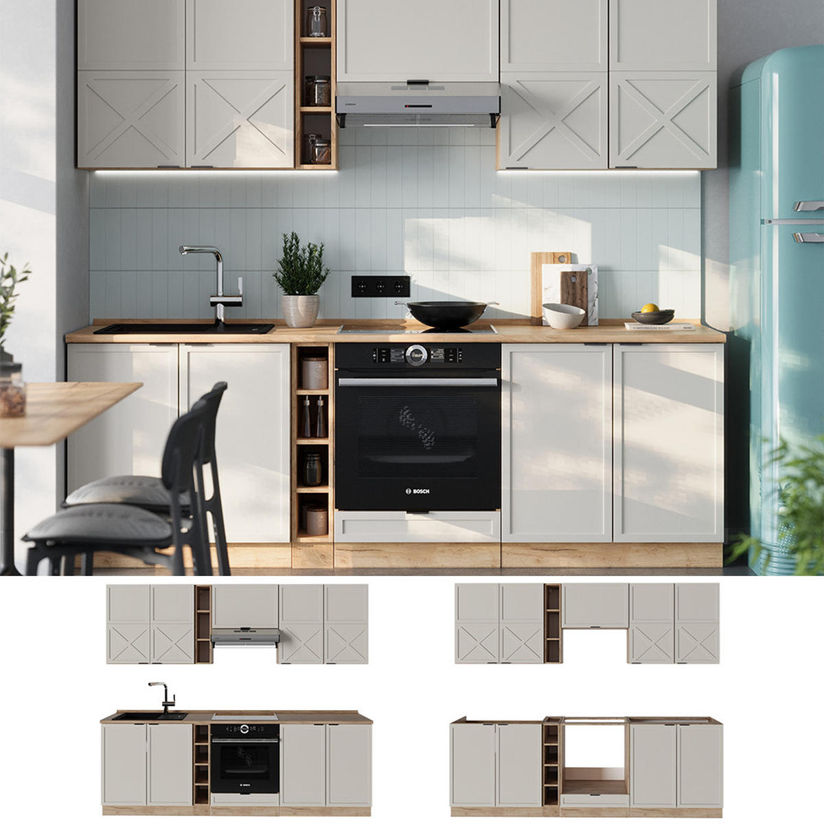 KÜCHENZEILE Fame-Line GrauBeige/Goldkraft Eiche 235 cm, AP Marmor - Honigeiche/Grau, Holzwerkstoff (235/81.6/60cm) - Vicco