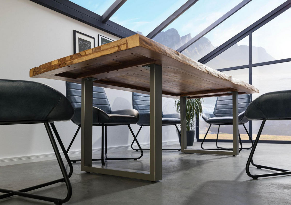 BAUMTISCH Sheesham 200x100x77 natur sandgestrahlt / U-Beine silber matt FREEFORM 5 - Braun, Holz (100/200/77cm) - Massivmoebel24