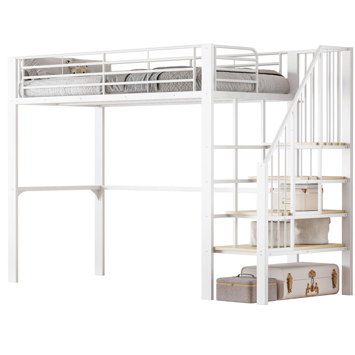 HOCHBETT 90/200 cm in Weiß mit Treppe und Stauraum - Weiß, Holzwerkstoff/Metall (90/200cm) - CHICFURN