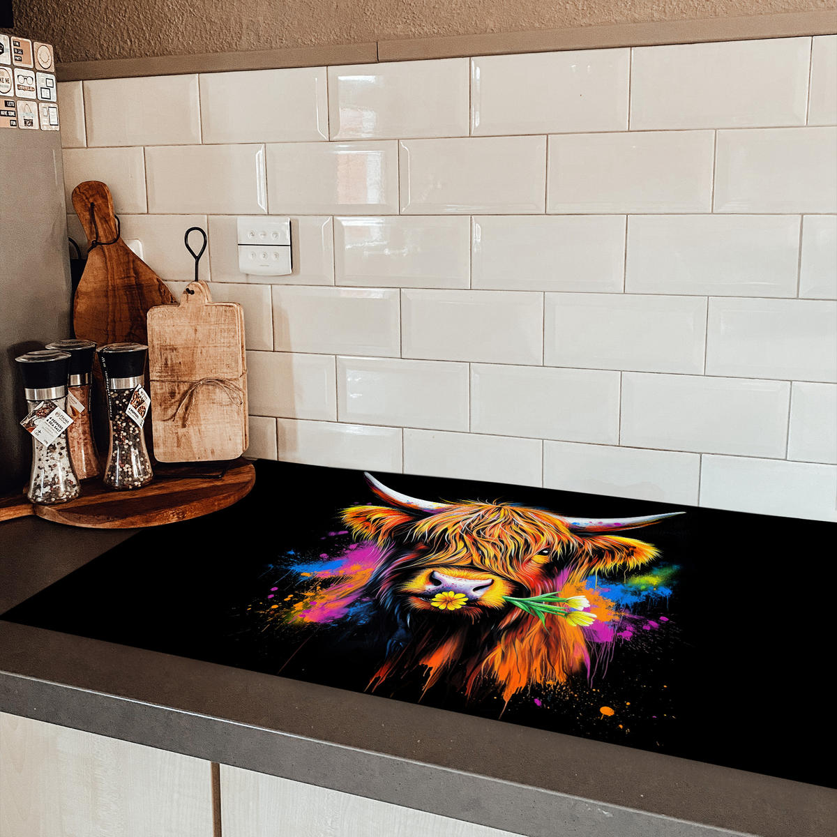 HERDABDECKPLATTE Schottischer Highlander - Graffiti - Bunt - Blume - Tiere Ceranfeldabdeckung 90x52 cm - Multicolor, Kunststoff (90/52/0.2cm) - MuchoWow