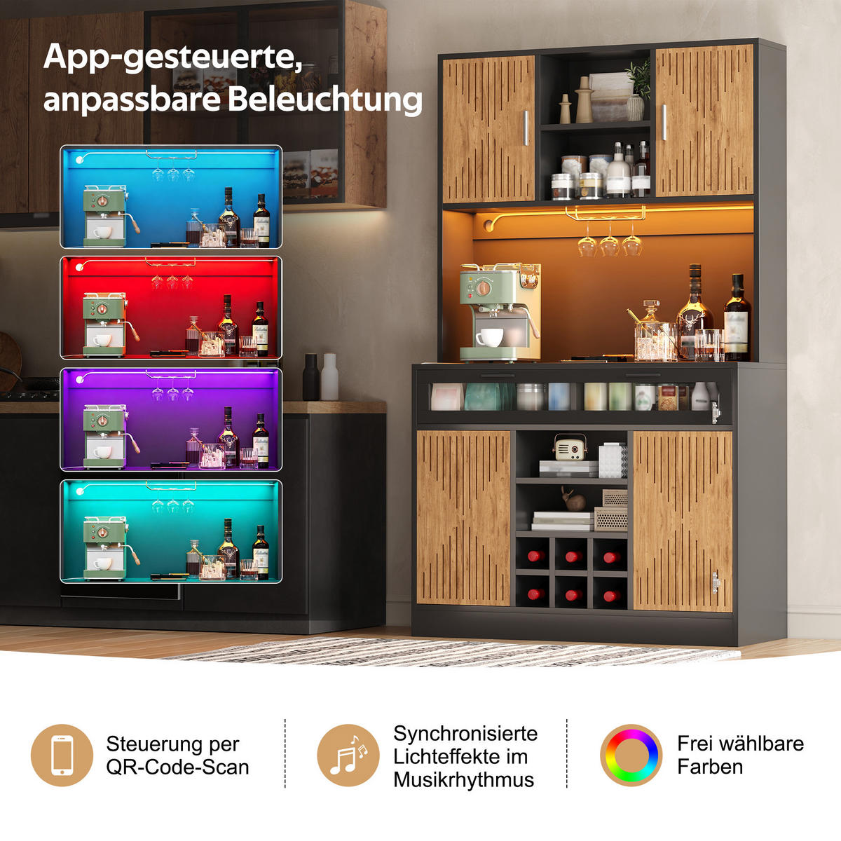KÜCHENSCHRANK Vorratsschrank mit RGB-LED Steckdosen Glas-Klapptür & Weinregal 180cm - Naturfarben, Holzwerkstoff (105/180/40cm) - Urban Meuble