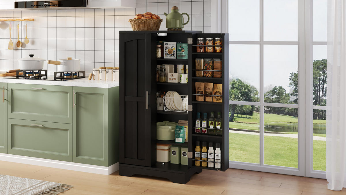 MODERNER Hochschrank aus MDF mit 3D-Wellentüren, LED-Sensorlicht und verstellbaren Regalböden, 120/60/40 cm, Schwarz - Schwarz, Holzwerkstoff (60/120/40cm) - Redom