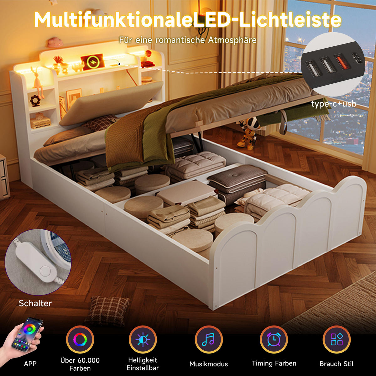 BETT 90/200 cm in Weiß mit Bettkasten, LED und USB/Type-C Massivholz Kinderdesign - Weiß, Holzwerkstoff/Textil (90/200cm) - STILVORA
