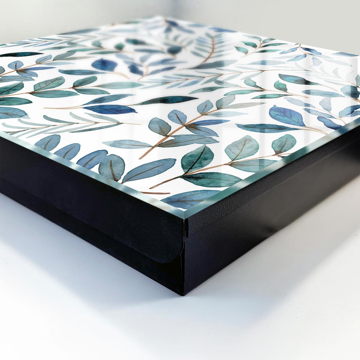 SCHLÜSSELBOX Schwarz 30x30 cm- Türöffnung nach rechts - Pflanzen-Aquarelle - Blau, Metall (30/30/5cm) - TULUP