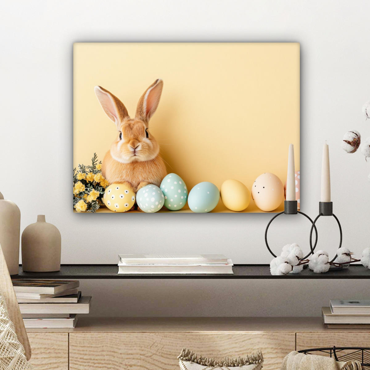 LEINWANDBILD Eier - Kaninchen - Pastellfarbtöne Wandbild 40x30 cm - Hellgelb, Textil (40/30cm) - MuchoWow