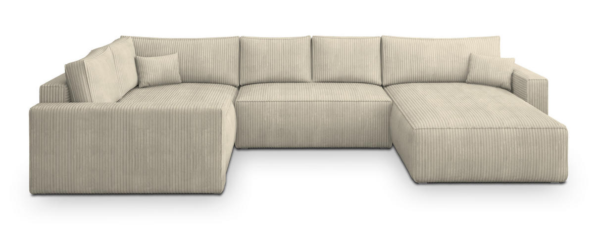 WOHNLANDSCHAFT VELAMI L-S Creme Kordstoff mit Schlaffunktion - Creme, Holz (365/83/194cm) - MASSENO