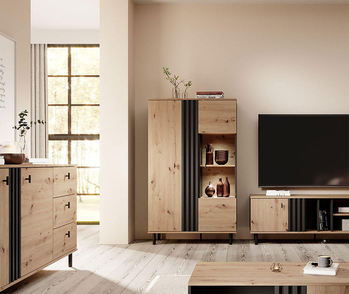 VITRINE Madis sand grange eiche / anthrazit 90,1cm / 40 cm / 148,8 cm - Eichefarben/Braun, Holz/Holzwerkstoff (90/149/40cm) - Feldmann-Wohnen