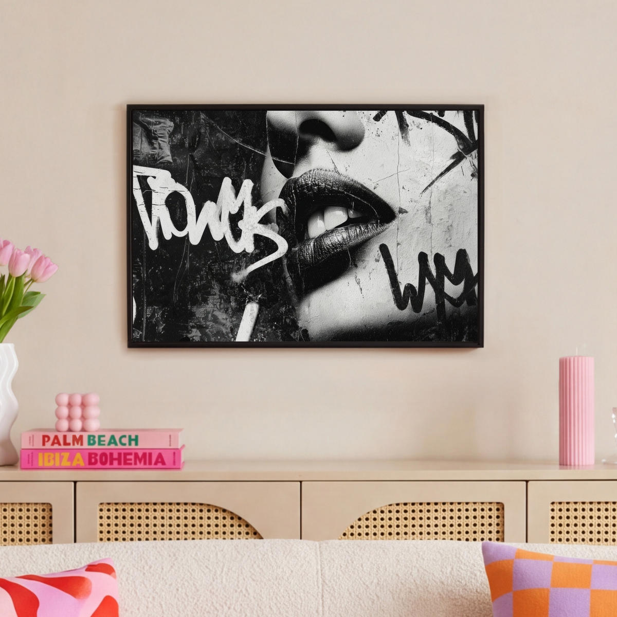 LEINWAND Bilder mit Rahmen - Gesicht - Mund - Graffiti - Schwarz - 60x40 - Schwarz, Textil (60/40cm) - MuchoWow