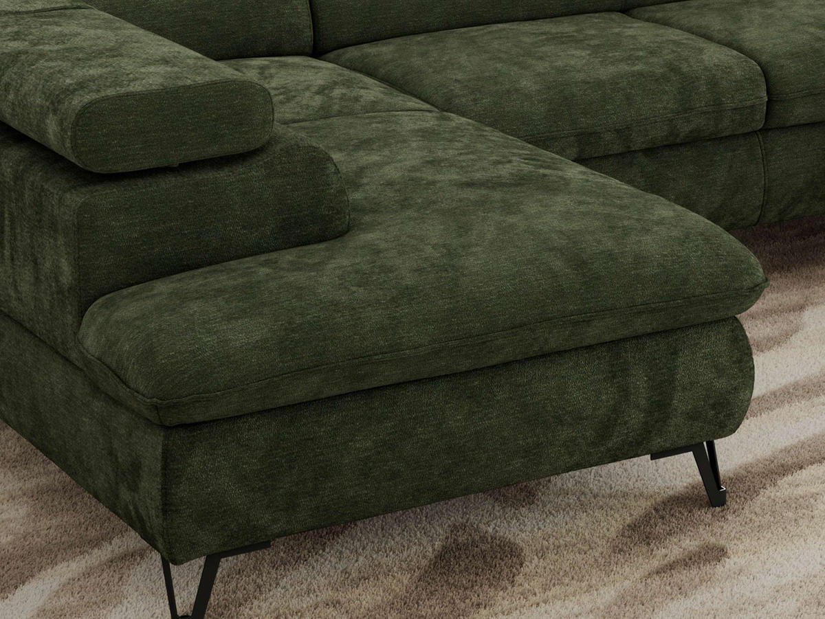 WOHNLANDSCHAFT PABLO U Schenille glatt Dunkelgrün mit Topper T25 - Dunkelgrün/Schwarz, Textil/Metall (346/76/208cm) - MKS