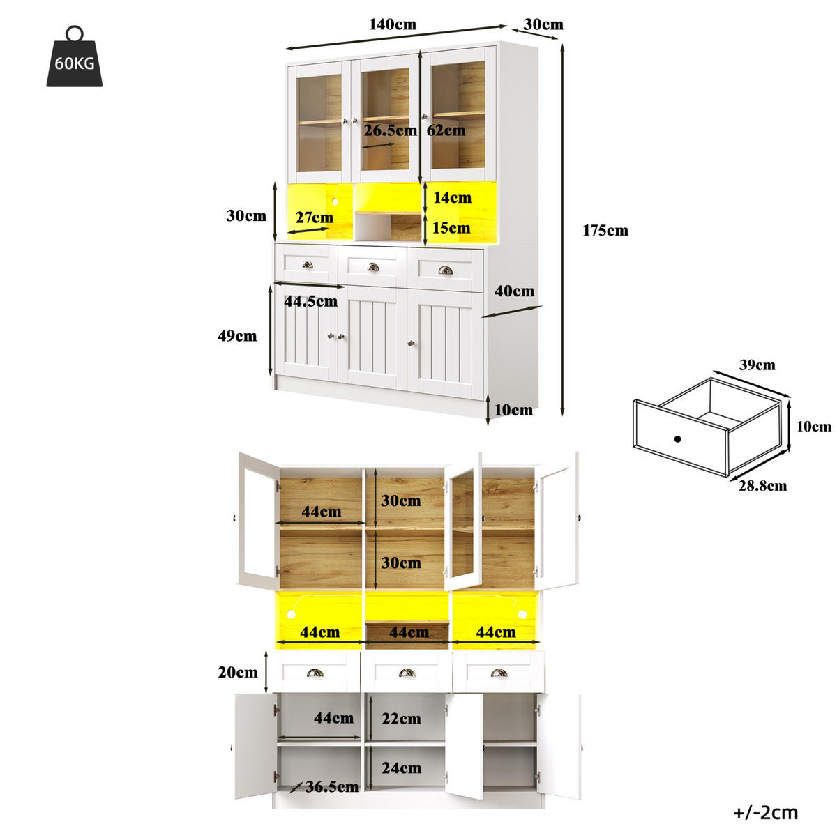 BUFFET 140/175/40 cm Weiß aus MDF mit LED-Beleuchtung - Weiß, Holzwerkstoff (40/175/140cm) - OKMYHOME