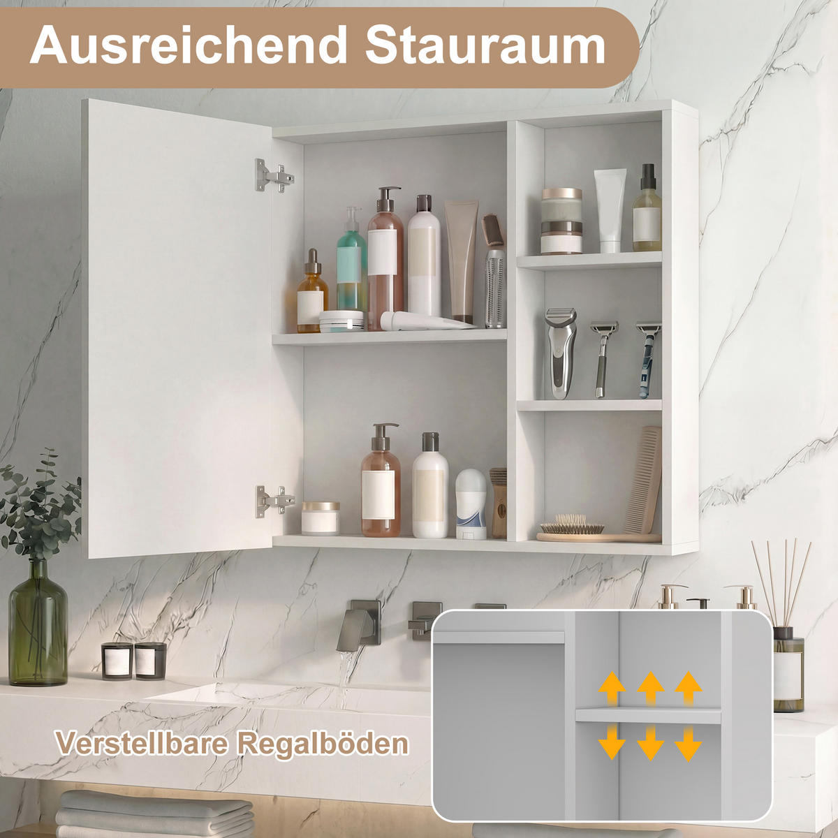 SPIEGELSCHRANK LED 60x60cm 1-türig mit verstellbaren Böden - Weiß, Glas (60.2/60.2/15.2cm) - SHOPENTRA