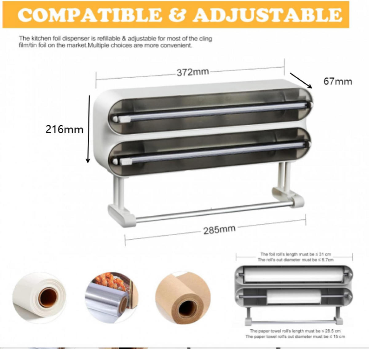 TOILETTENPAPIERHALTER, Magnetischer Frischhaltefolienspender - Grau, Kunststoff (6.7/21.6/37.2cm) - BELZ
