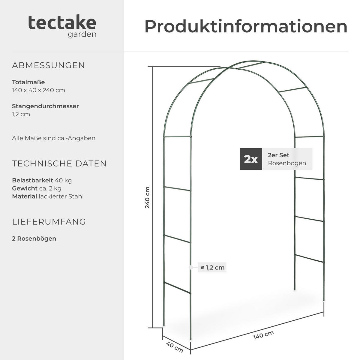 ROSENBOGEN 2er Set, 140 x 40 x 240 cm, grün - Grün, Metall (40/240/140cm) - tectake
