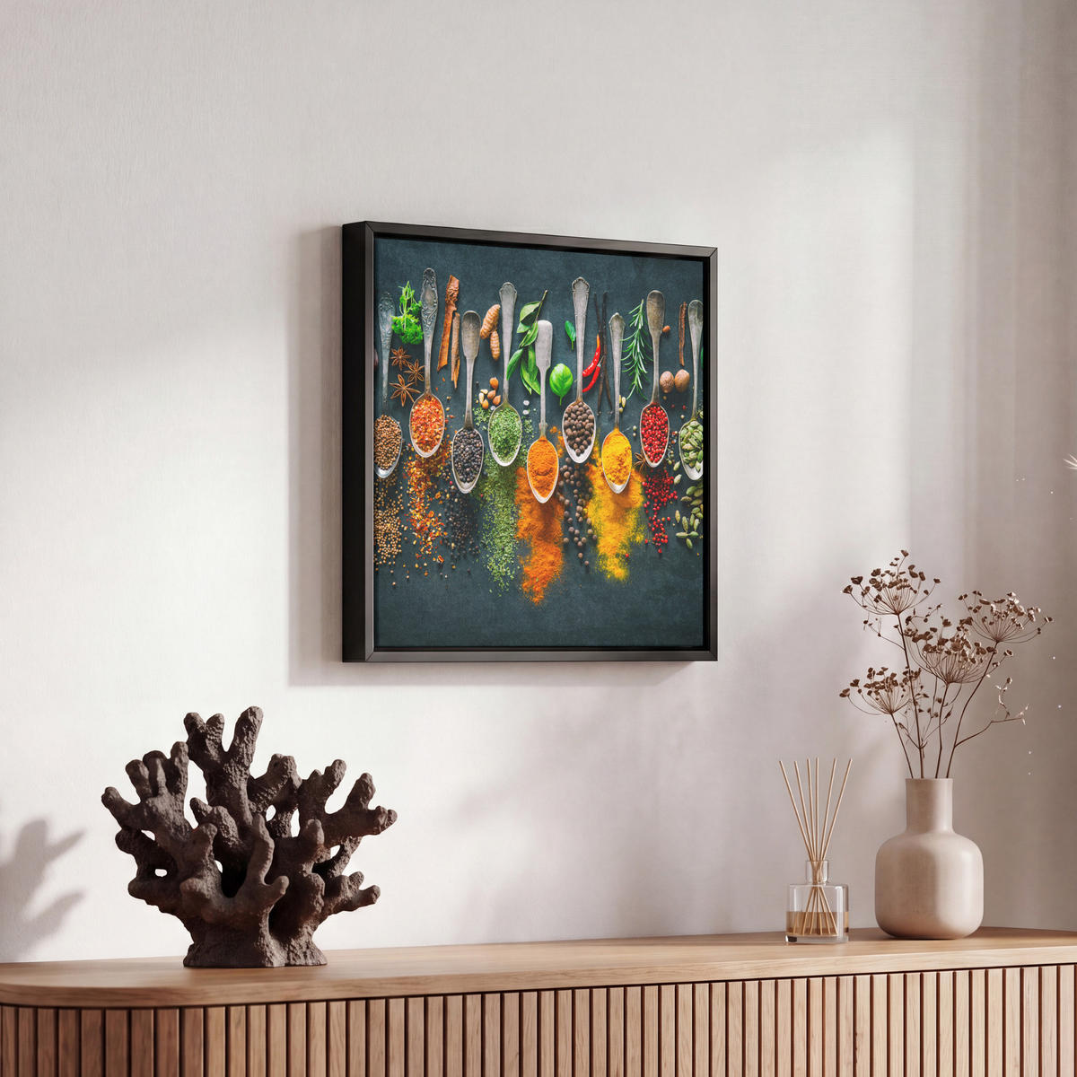 LEINWAND Bilder mit Rahmen - Kräuter - Gewürze - Löffel - 20x20 - Currygelb, Textil (20/20cm) - MuchoWow