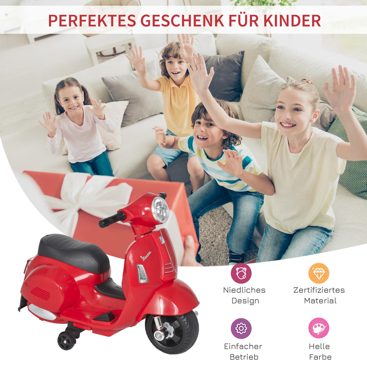 VESPA Elektromotorrad Kindermotorrad Elektrofahrzeuge 1,5 bis 3 Jahren Rot - Rot, Metall (66.5/38/52cm) - HOMCOM