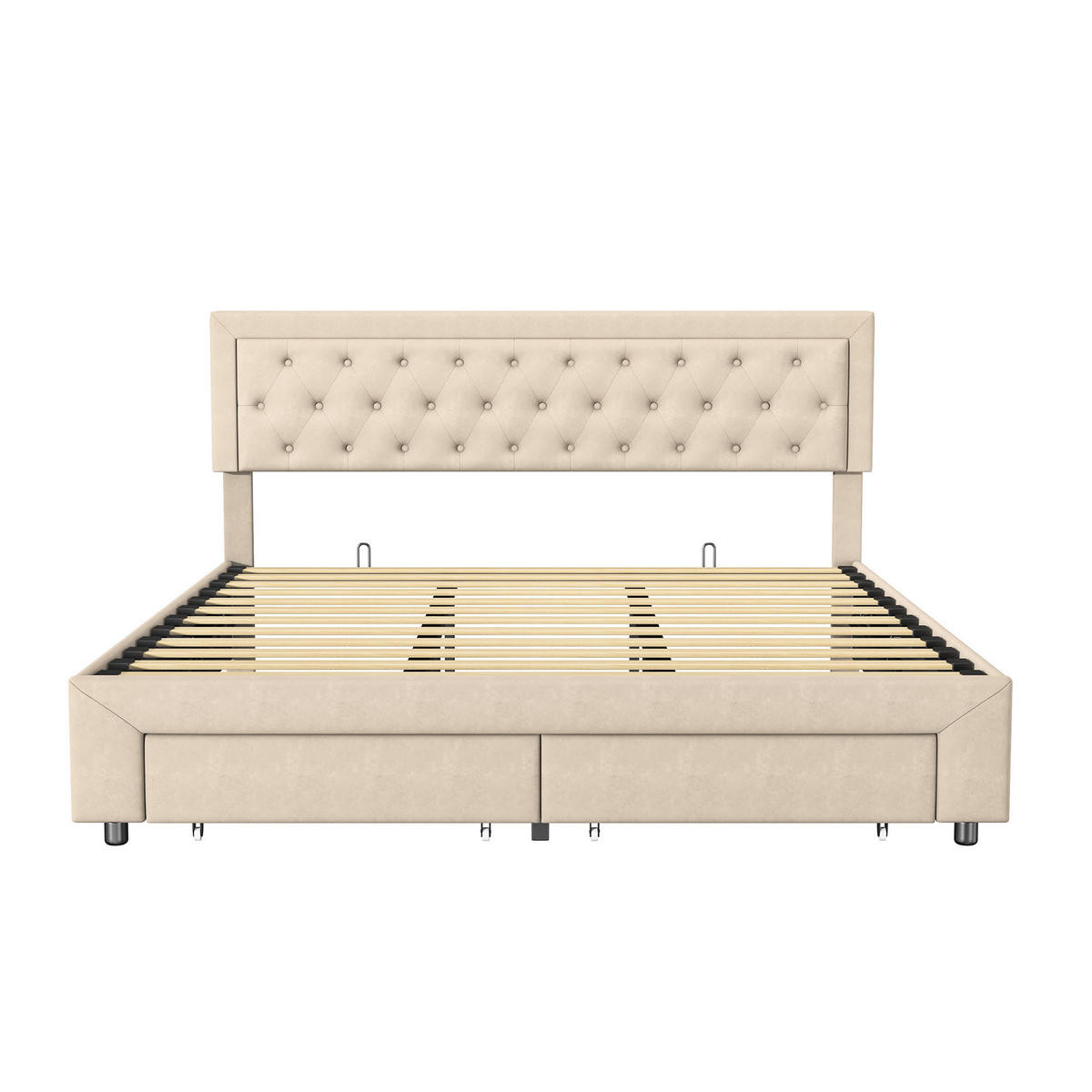 DOPPELBETT 180x200 cm Beige Samt, Hydraulischer Bettkasten und 2 Schubladen, Diamant-Knopfheftung, Tragfähigkeit 300 kg, Skandinavischer Stil - Beige, Metall (180/200cm) - GENKI LIVING