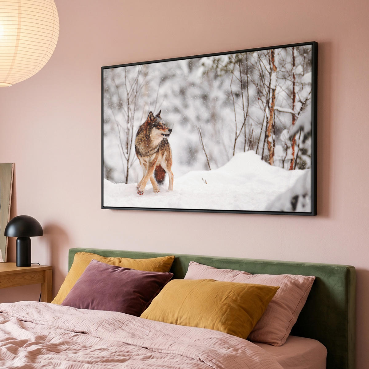 LEINWAND Bilder mit Rahmen - Wolf - Winter - Schnee - Natur - Tiere - 120x80 - Haselnussfarben, Textil (120/80cm) - MuchoWow